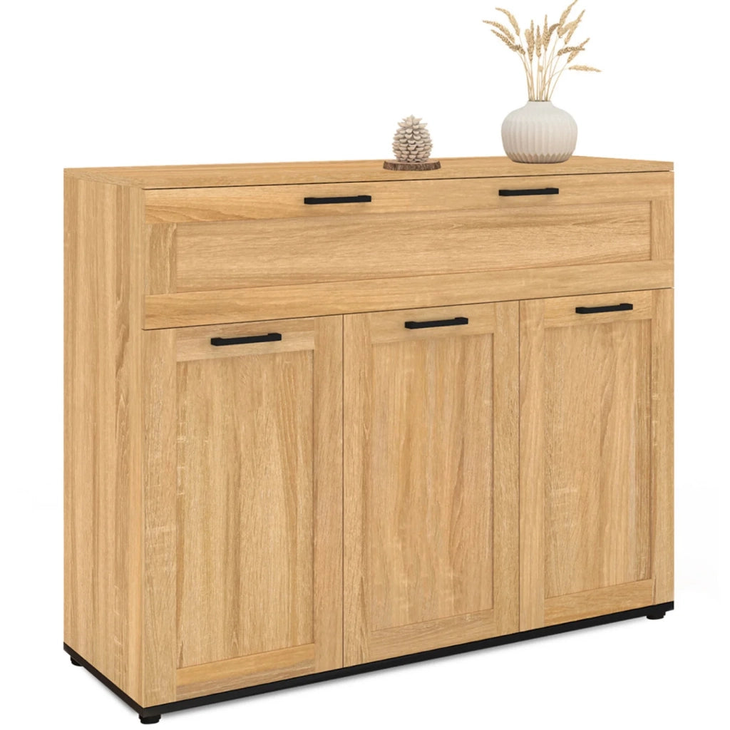 IDMarket - Aparador VITO con 3 puertas y 1 cajón, efecto haya, tiradores negros 100 cm