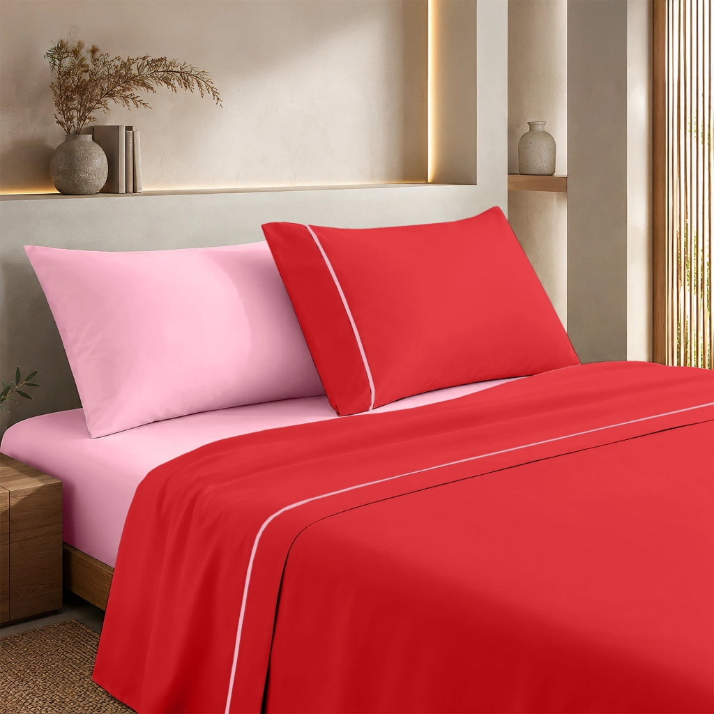 Completo Lenzuola Matrimoniale Bicolore in Tinta Unita, Cotone Certificato OEKO-TEX, Set 4 Pezzi con Lenzuolo Sopra, Sotto con Angoli e 2 Federe  Rosa-Rosso