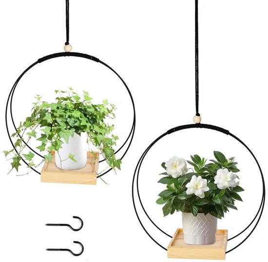 Set di due vasi da appendere per interno, vaso metallico nero, appendi piante con piede in legno, appendi piante con fiori, vaso per piante di camera, piante grasse, piante aeree e cacti, 2 pezzi.