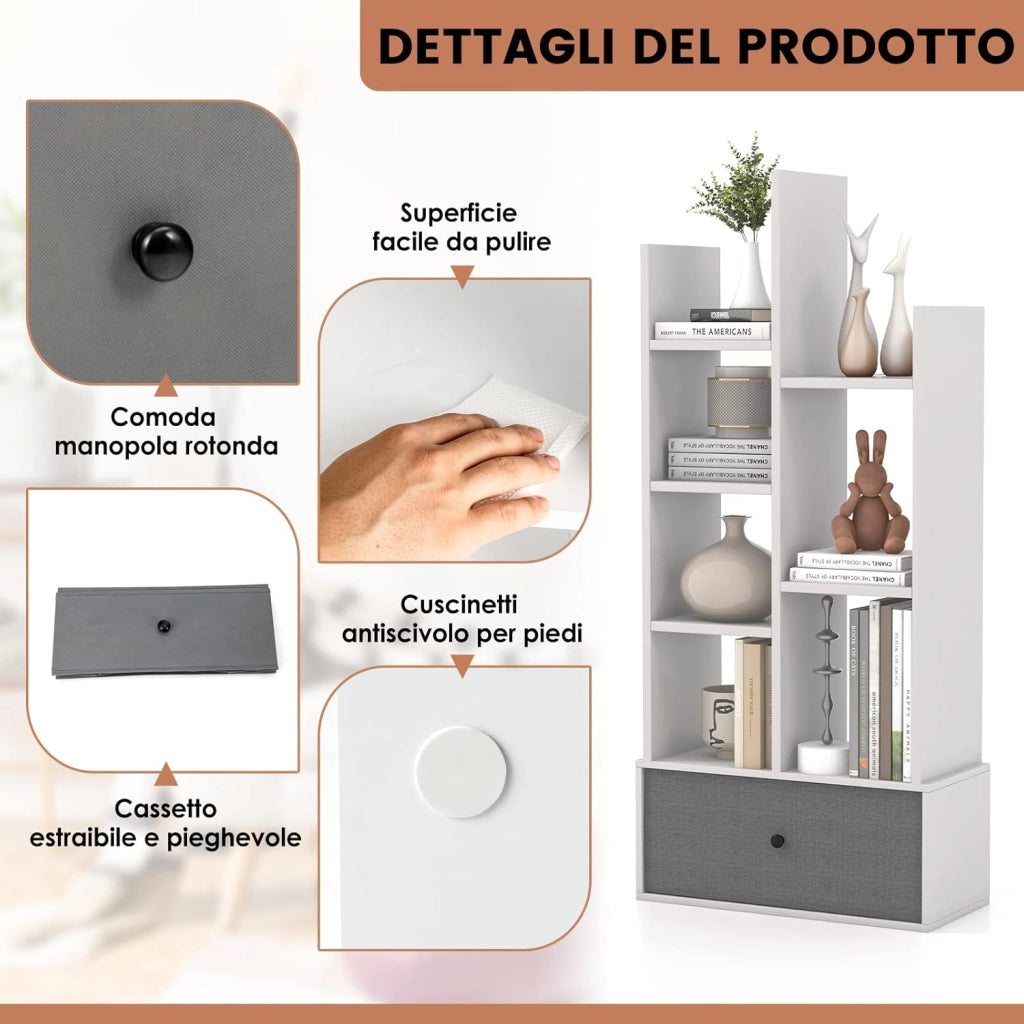 Libreria in Legno a 7 Piani, Scaffale Multifunzionale con 1 Cassetto e 7 Scomparti, Scaffale Espositivo per Soggiorno Studio Ufficio, 53x24x118 cm (Bianco, 1 cassetto)