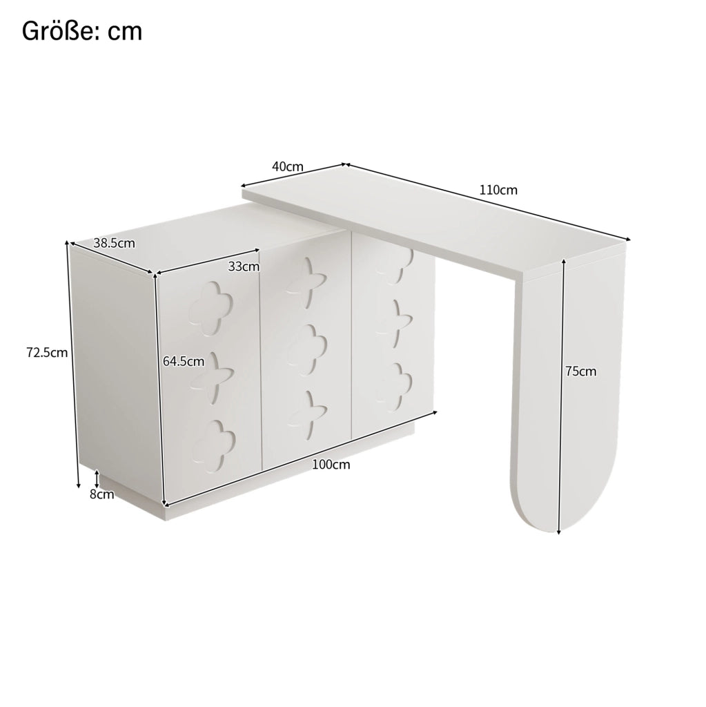 Scrivania 110x40x75 cm girevole e pieghevole; con contenitori; MDF bianco