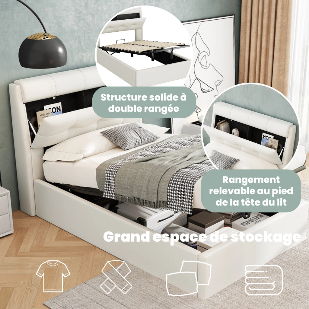 Letto Contenitore Letto Singolo 90x200 cm; 1 Posto - Idraulico e Testiera - in PU - Bianco