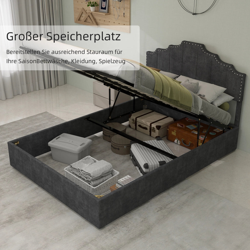 Letto Matrimoniale 140x200 cm; Letto con Materasso; Testiera Geometrica in Velluto Grigio