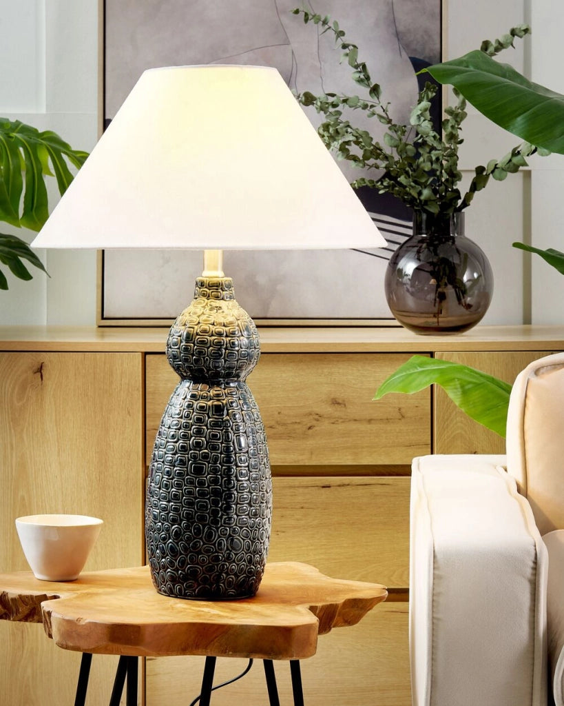 Lampada da tavolo Base in ceramica blu scuro nero Paralume in tessuto Illuminazione d'ambiente Lampada da tavolo da comodino