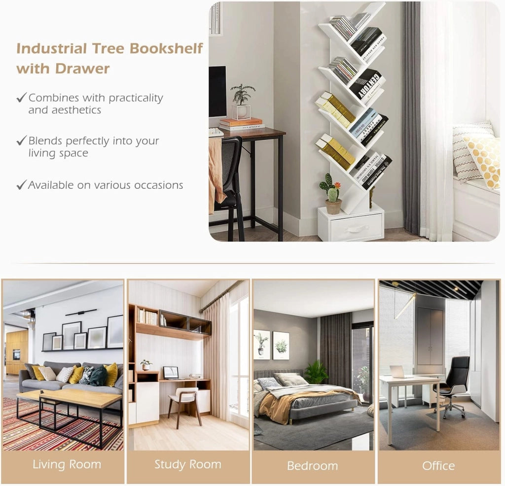 Libreria ad Albero, a 8 Ripiani, Scaffale per Libri con Cassetto Rimovibile, Design di Antiribaltamento, Organizzazione per CD, Riviste, Libri, 38x20x149,5 cm, 4 Colori (Marrone)