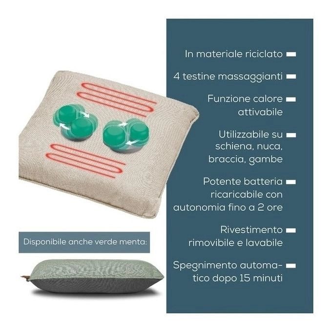 Beurer MG 139 - Cuscino massaggiante a batteria con funzione di calore, senza fili Shiatsu, calore commutabile, realizzato in materiale riciclato, lavabile in lavatrice, spegnimento automatico, 40 x