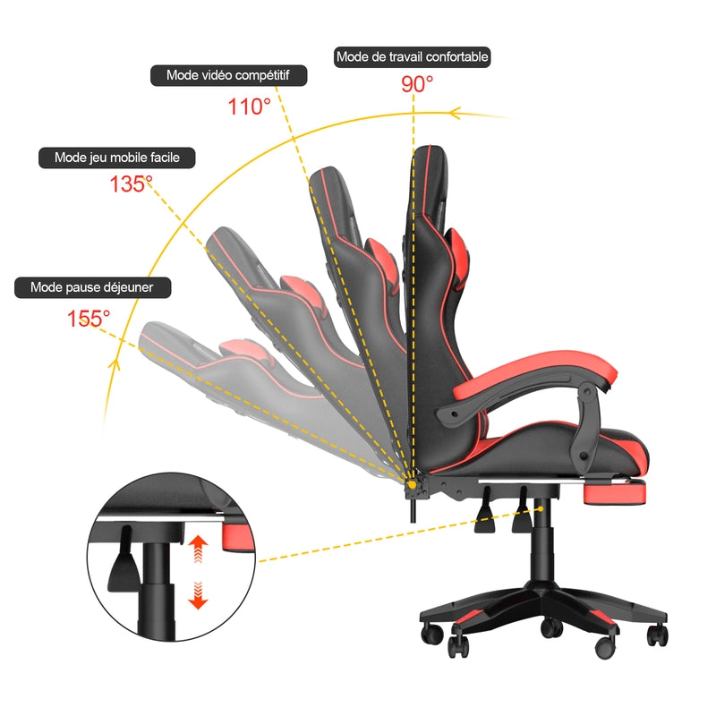 Sedia da gioco, sedia da gioco ergonomica  in similpelle,altezza regolabile, con poggiatesta e supporto lombare, poggiapiedi, nero e rosso