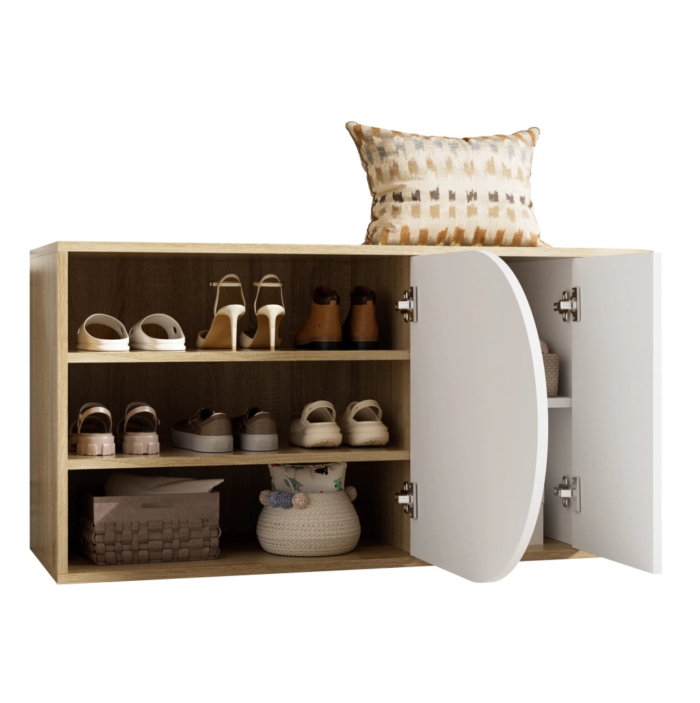 Scarpiera con seduta bianco lucido ed effetto legno 104x37x50 cm