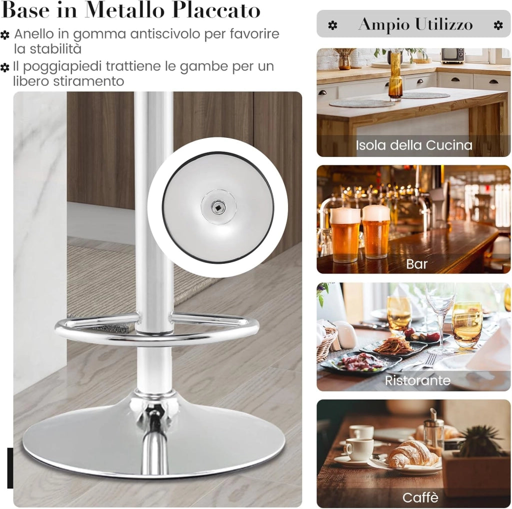 Set 2 Sgabelli da Bar in Finta PU, Sedie Girevoli e Regolabili con Schienali, Poggiapiedi e Base in Metallo, Sgabelli da Cucina per Isola, Bar e Ristorante, Grigio e Bianco