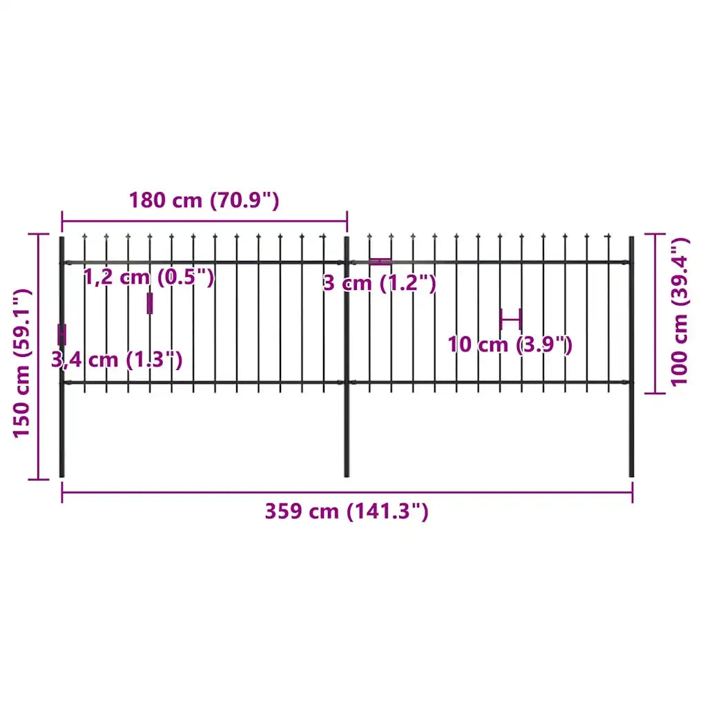 Recinzione da Giardino | Recinzione da cortile con Punta a Lancia in Acciaio 359x100 cm Nero