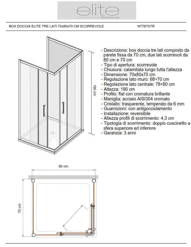 Box Doccia Elite Tre Lati 70x80x70 Cm Scorrevole Trasparente