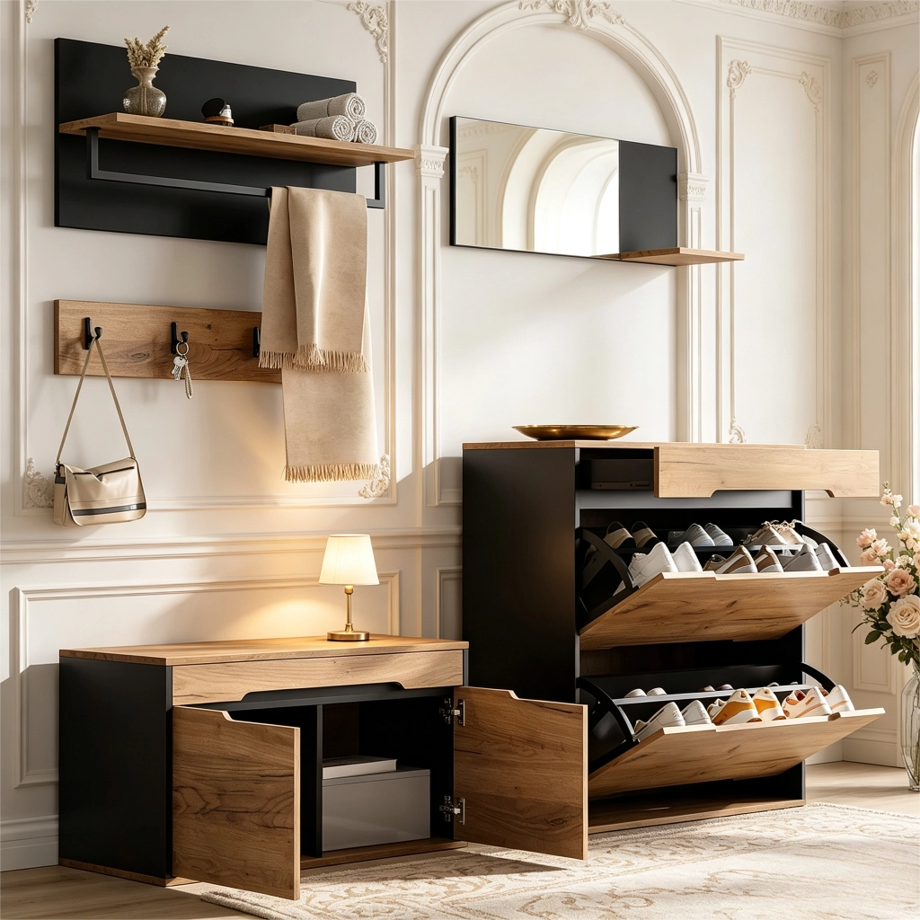 Mobile ingresso con specchio; 2 scarpiere; 1 cassetto e 4 ganci; in MDF e truciolare; nero e legno; 156×36×176 cm