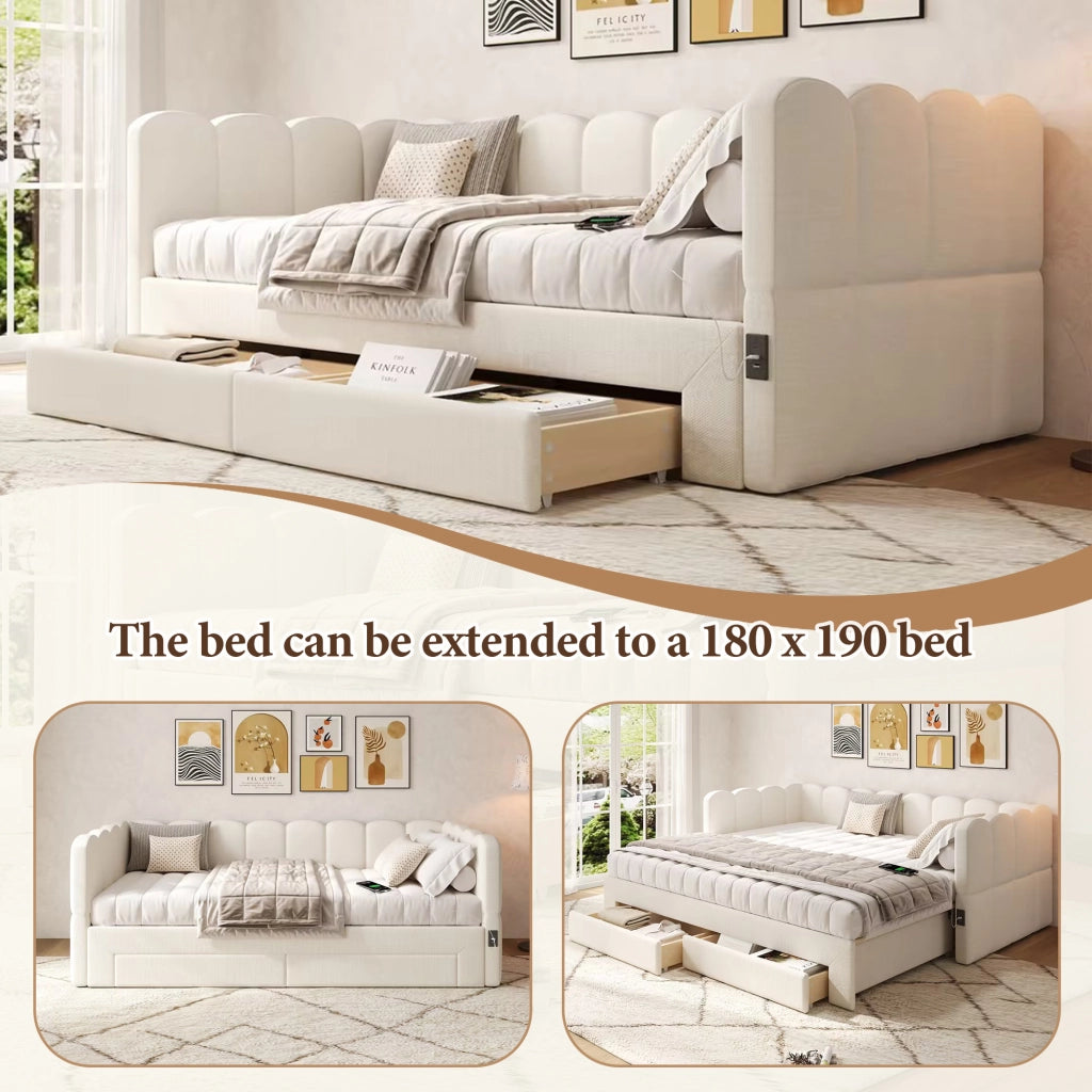 Letto estraibile 90×190 cm con 2 cassetti; USB e Type-C; estensibile a 180×190 cm; senza materasso; beige