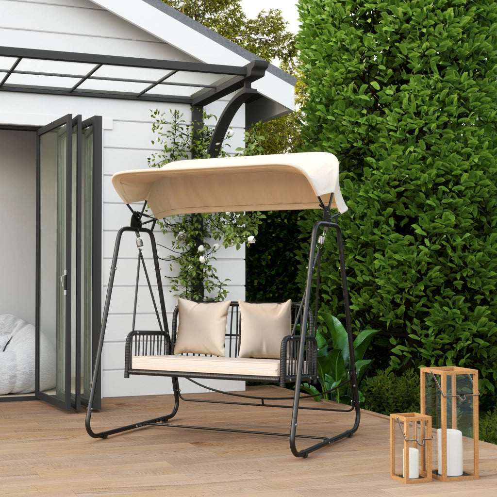 Altalena da Giardino 2 Posti in Rattan con Cuscini e Tetto ¨C zephmum ¨C Khaki 149x121x180 cm