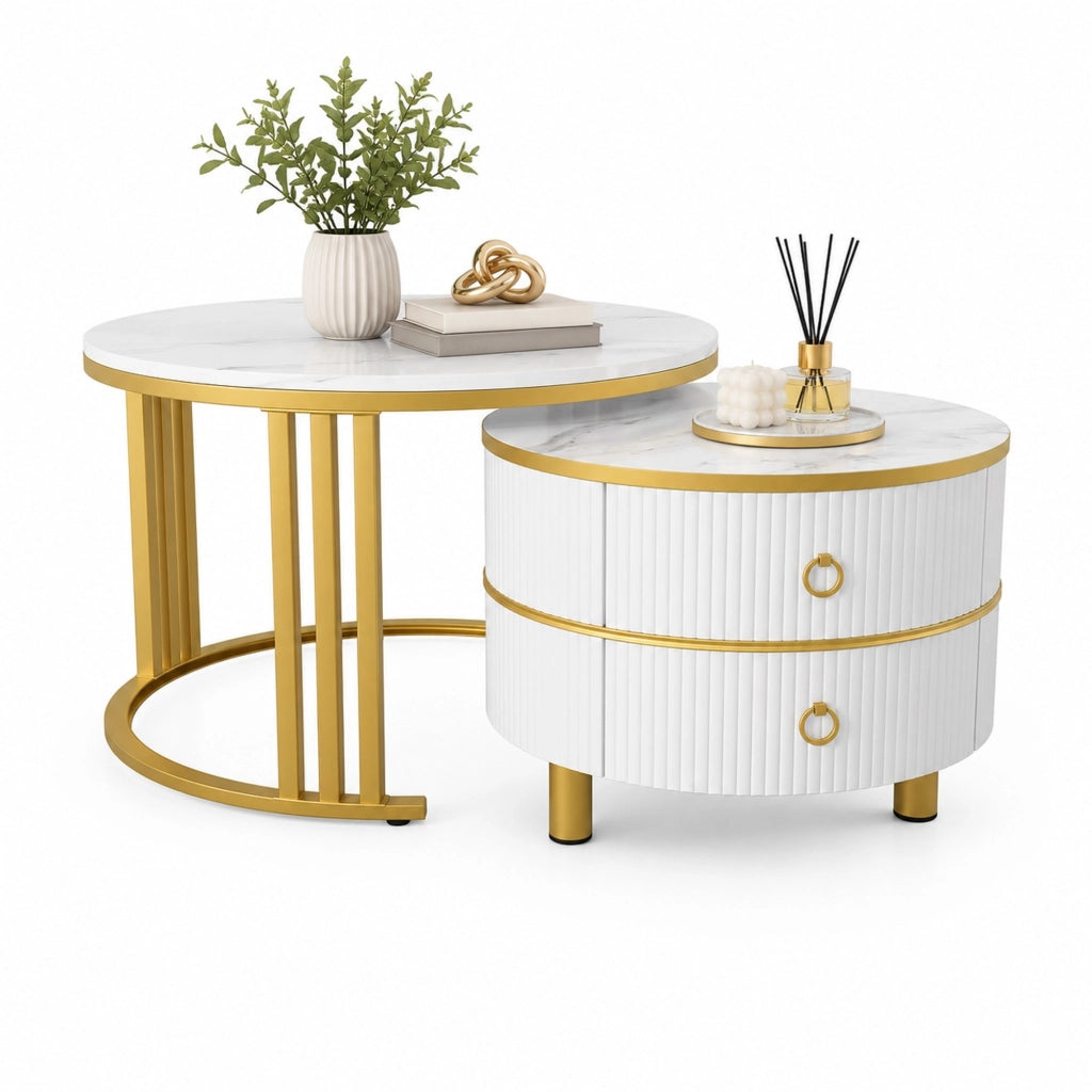 Set 2 Tavolini da Caffè Rotondi con Cassetti Bianco e Oro
