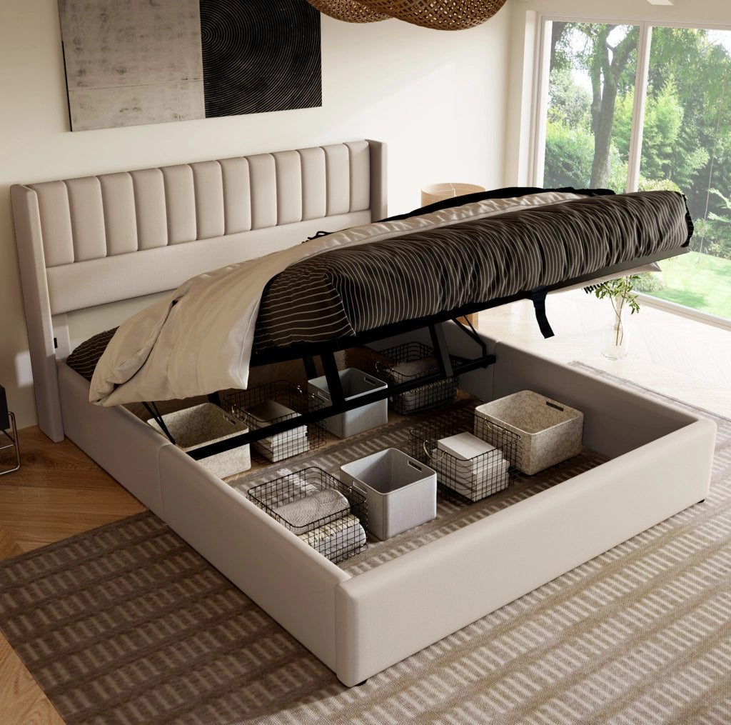 Letto matrimoniale con contenitore 140x200 cm in lino beige; testiera imbottita e rete sollevabile