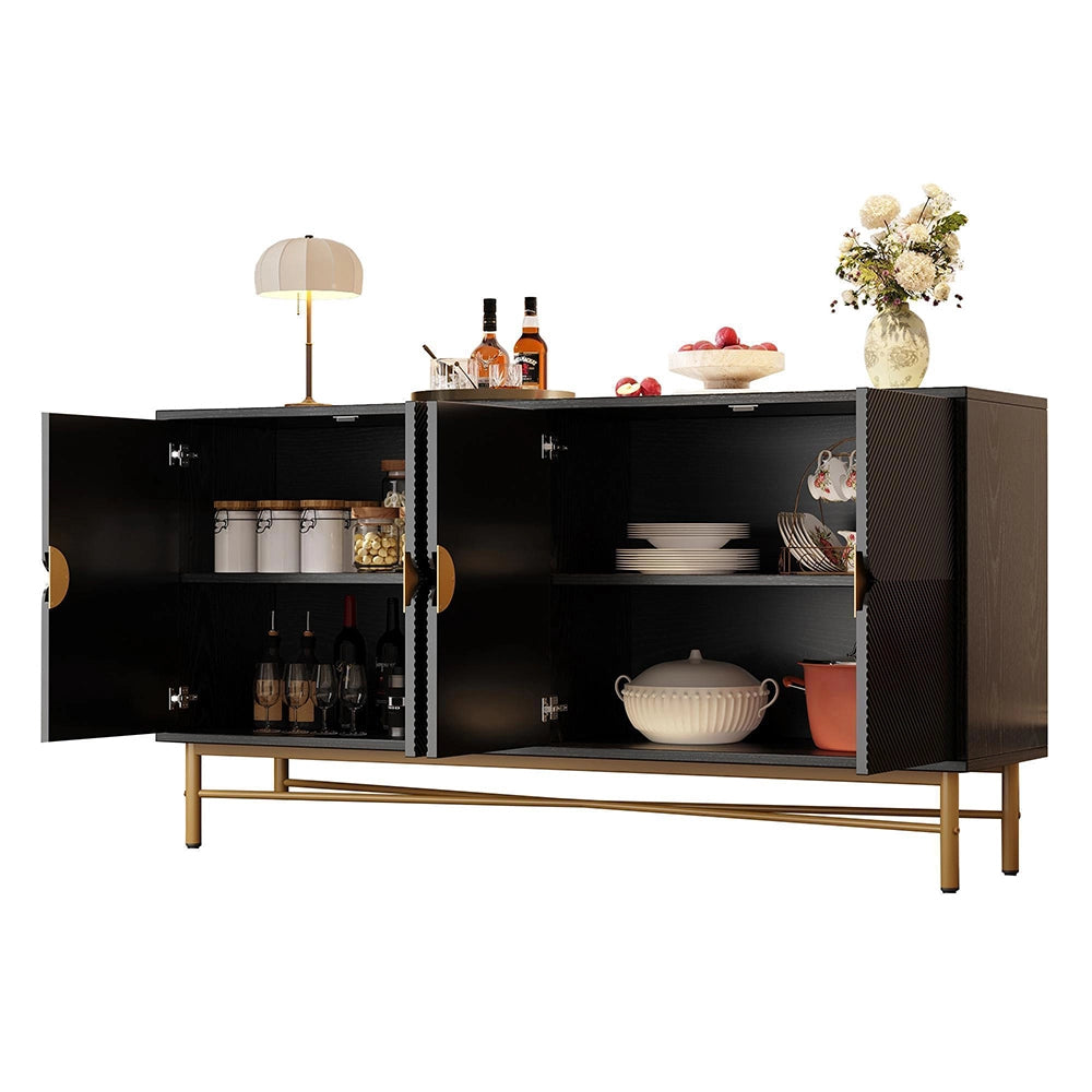 Credenza 160cm Texturizzata - Xylo - 4 Ante con Maniglie Oro, Colore Nero