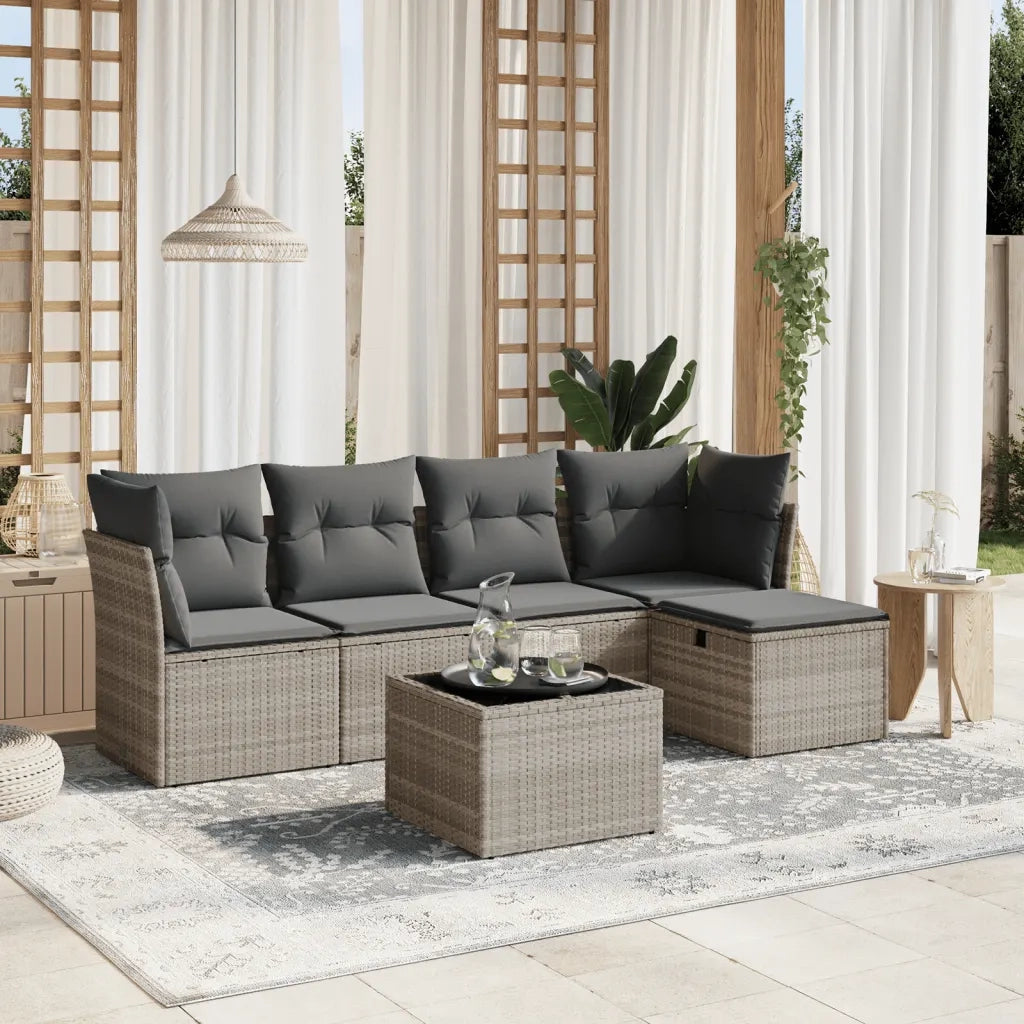 Set Divano da Giardino 6pz con Cuscini Grigio Chiaro Polyrattan