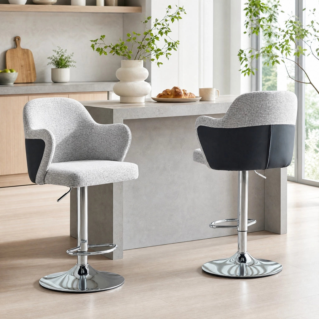 Sgabello da Bar Set da 2 Girevole Regolabile in Altezza con Braccioli e Poggiapiedi in Tessuto Grigio Chiaro