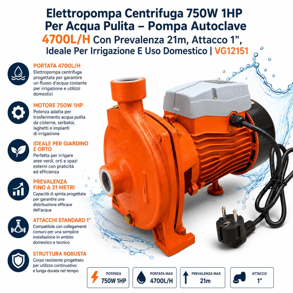 Elettropompa Centrifuga Pomapa Autoclave 750W 1HP 4700L/H Acqua Pulita VG12151