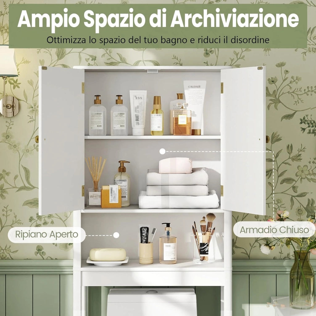 Mobile Bagno Sopra WC, Scaffale per Lavatrice Salvaspazio con 2 Ante, Mensola Aperta e Ripiano Regolabile, Armadietto Sopra Gabinetto in Legno, 60 x 23 x 168 cm (Bianco)