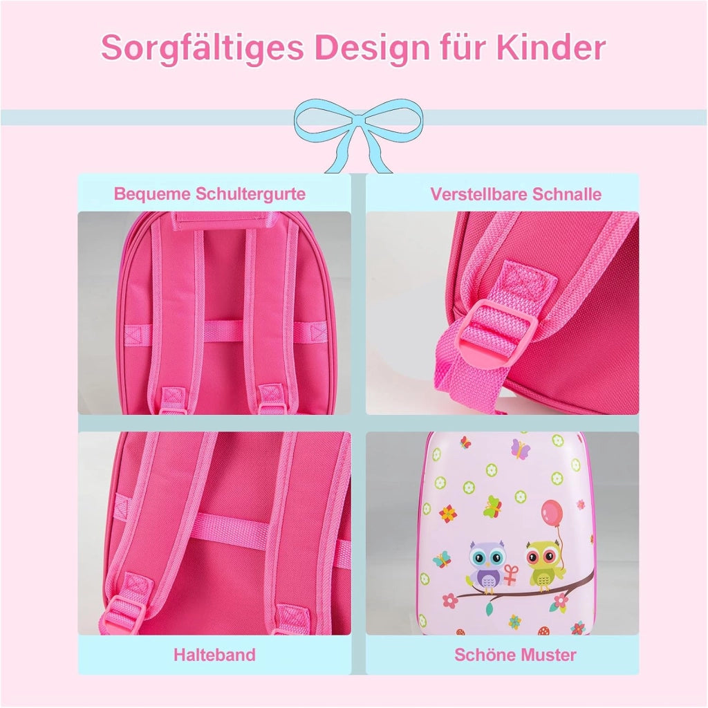 Set di Valigia 16’’ + Zaino 12’’ per Bambini 2 Pezzi, Bagagli 2-in-1 con Zainetto da Viaggio Aereo, Trolley con Maniglia Telescopica e 4 Ruote a 360° (Rosa Gufo)