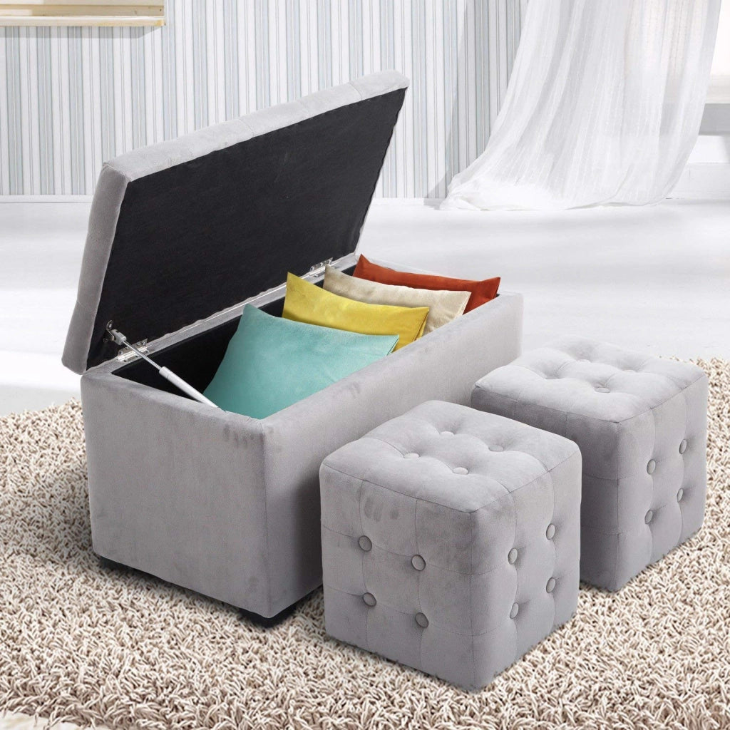 EasyComfort Panca Portaoggetti Set di 3 Pezzi con 2 Sgabelli Pouf in Velluto, Grigio Perla