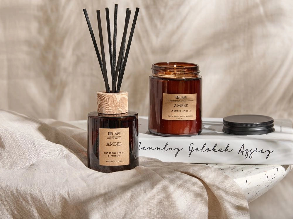 Set di fragranze 100% candela di soia bastoncini profumati diffusore d'ancia confezione di vetro scuro ambra orientale Dark Elegance
