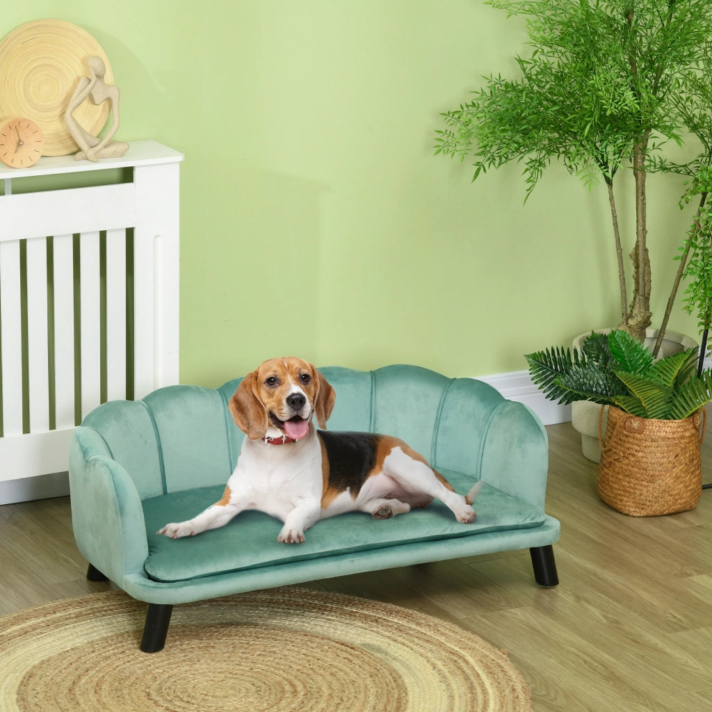 Divano per cani con schienale e gambe in legno, verde, 98,5 x 60,5 x 35,5 cm