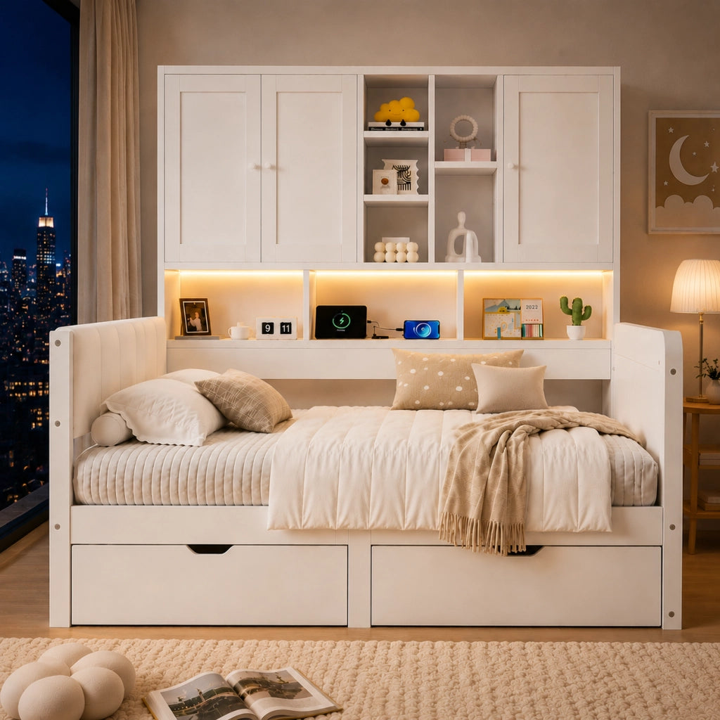 Letto a divano a L 140x200 cm con vani portaoggetti, 2 cassetti, ripiani, LED, presa USB e testiera imbottita in PU, legno bianco