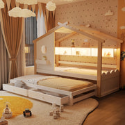 Letto 90x200 cm bianco e finitura legno con letto aggiuntivo 90x190 cm cassetti integrati porta ricarica USB Type C luci LED e mensole funzionali