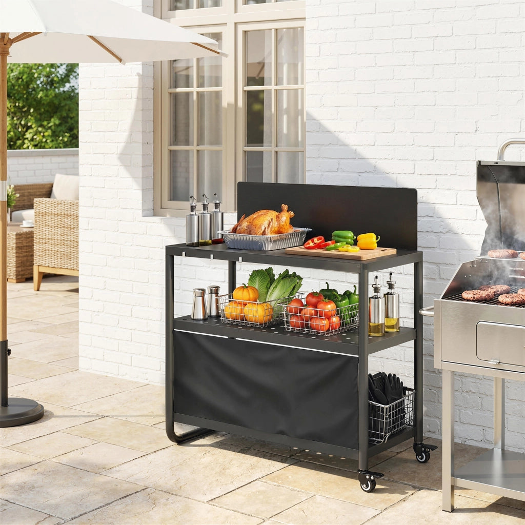 Carrello Barbecue Mobile 3 Livelli con Paravento ¨C zephmum ¨C 100x46x110cm Nero