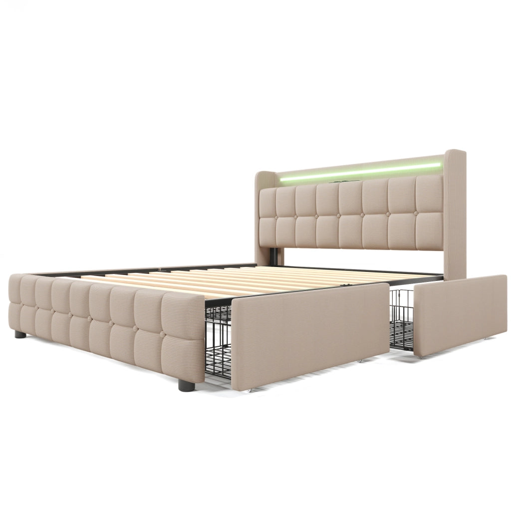 Letto matrimoniale 140x200 cm beige con prese USB; LED e 4 cassetti contenitore