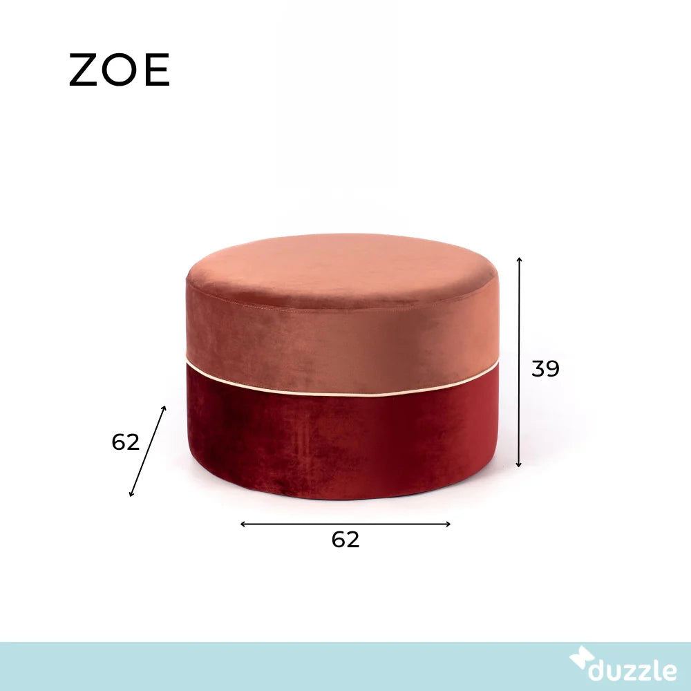 Pouf rotondo in velluto bicolore Zoe rosa antico e bordeaux imbottito design moderno | Duzzle