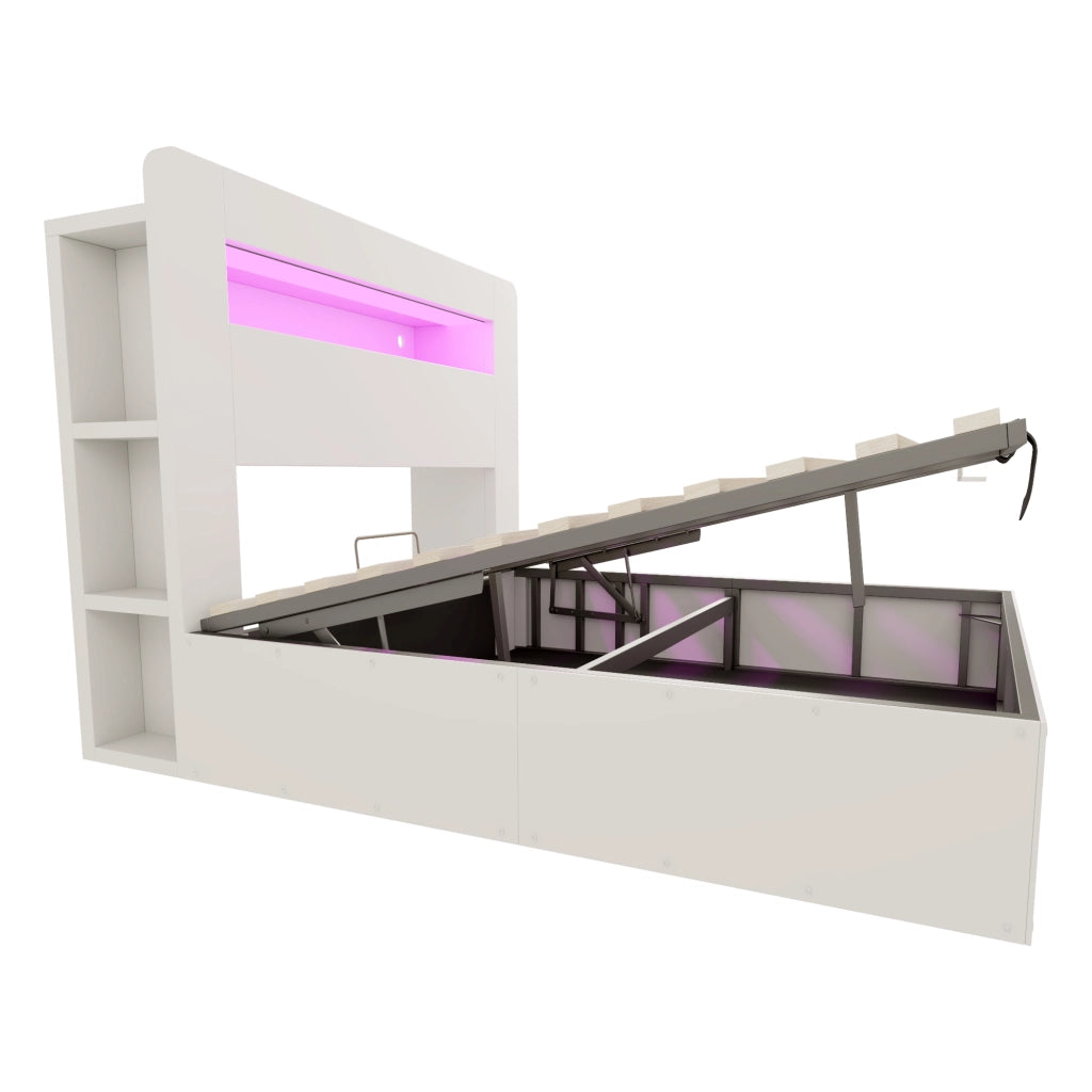 Letto Contenitore 140x200 cm e 180x200 cm con LED; prese e mensole in legno bianco