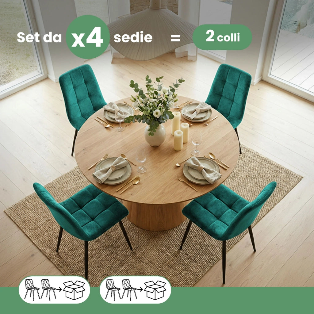 Set di 4 Sedie in velluto trapuntate NERO Verde Bottiglia gambe nere
