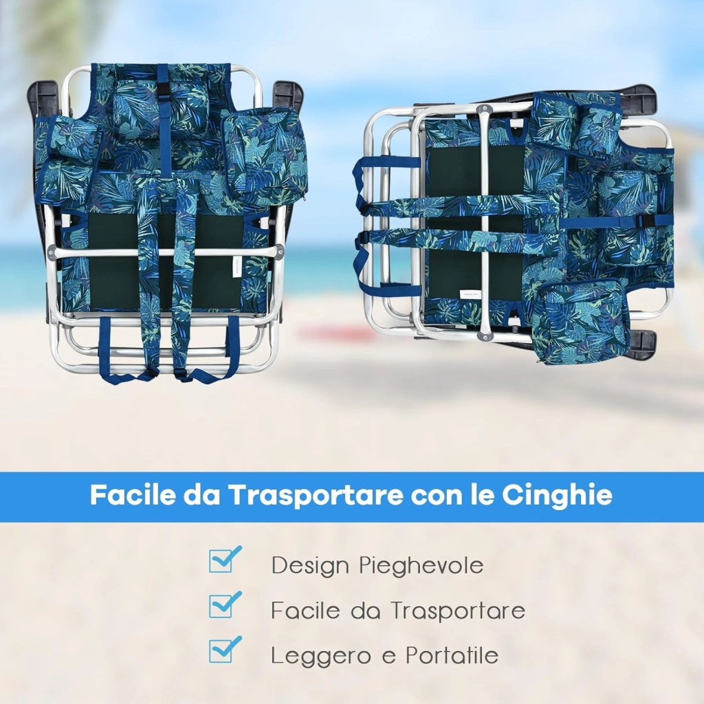 Set di 2 Sedie e Tavolino da Spiaggia Pieghevole, Schienale Regolabile a 5 Livelli, con Portatesta, Borsa Portaoggetti, Borsa Termica, per Campeggio Picnic Esterno (Blu Scuro, Modello 1)
