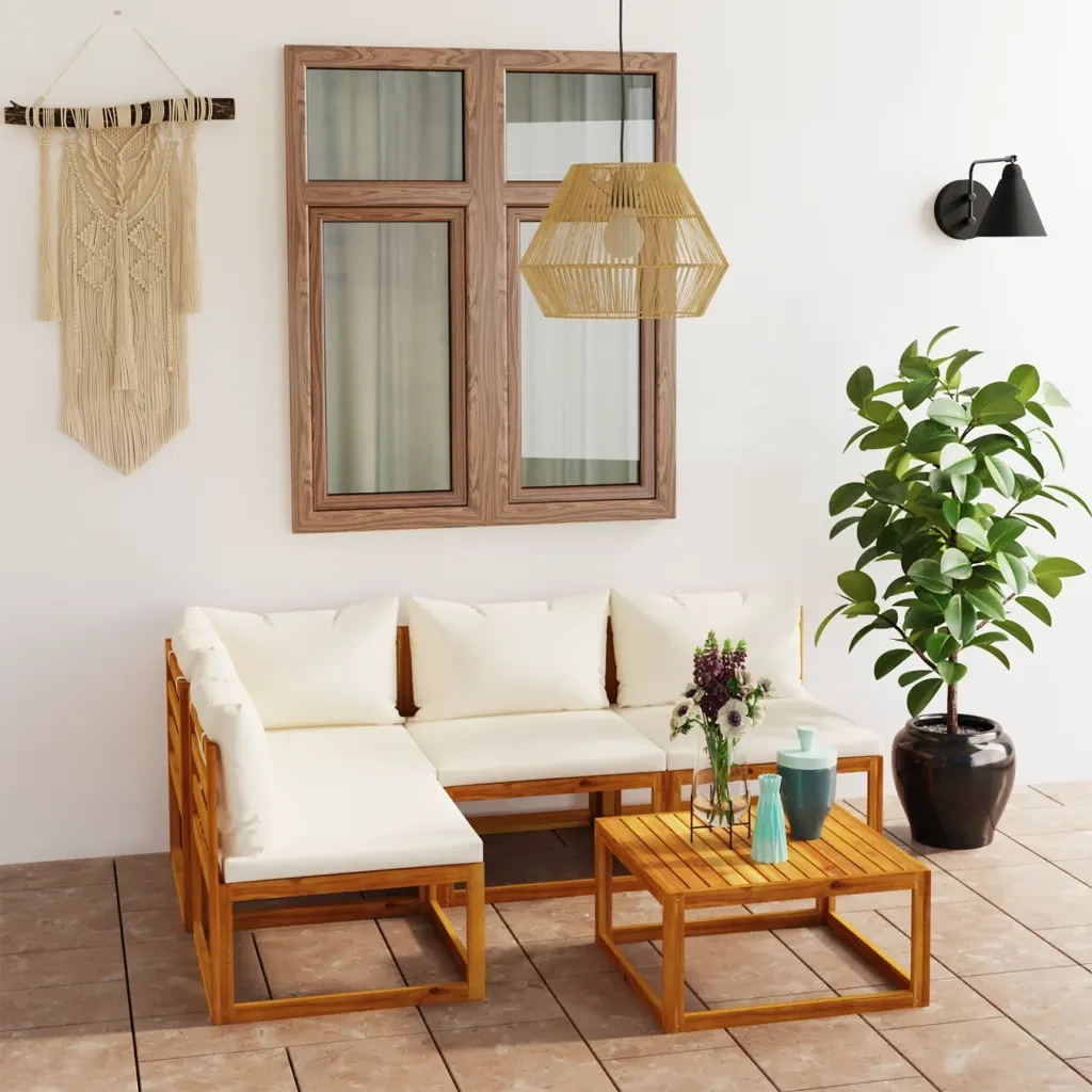 Set Divani da Giardino 5 pz con Cuscini Crema Massello Acacia cod mxl 43057