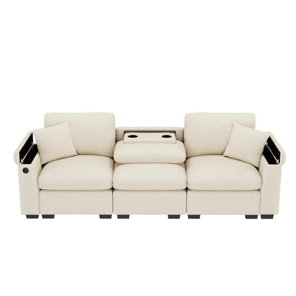 Divano modulare a 3 posti in ciniglia beige con porta USB, porta bicchieri, tasche laterali e spazio contenitore