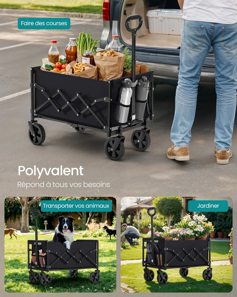 Carrello da trasporto pieghevole carrello da spiaggia carrello da campeggio con maniglia 4 ruote rinforzate di cui 2 universali portata 150 kg giardino esterno nero 2_0005031