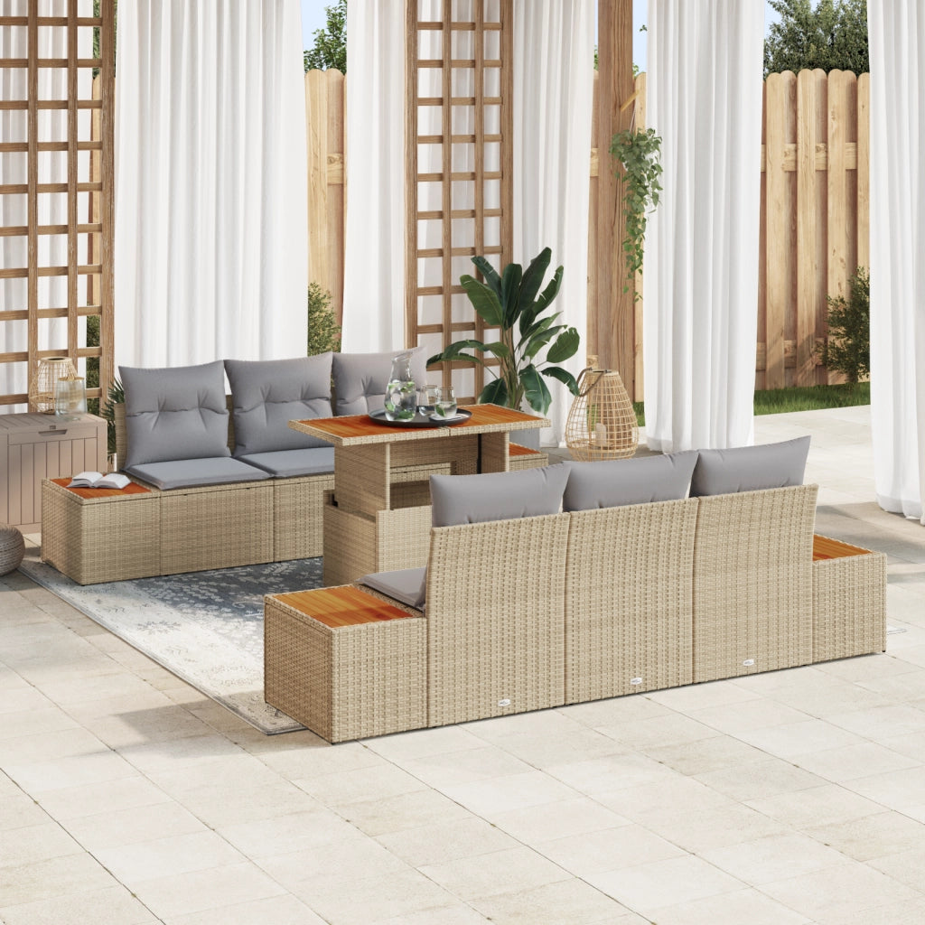 Set di divani da giardino da 7 pezzi con cuscini Beige Polyrattan