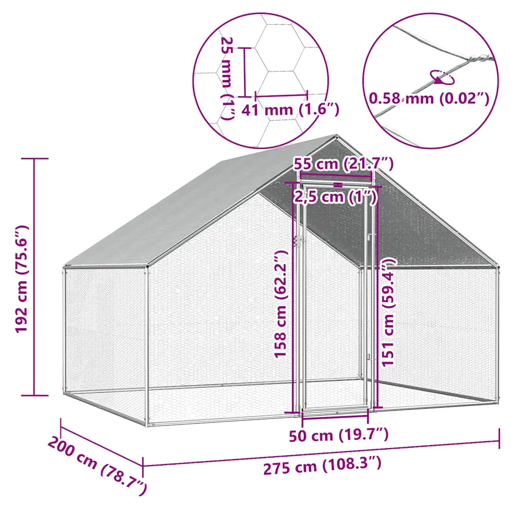 Gabbia per Polli da Esterno 2,75x2x1,92m in Acciaio Zincato 170788