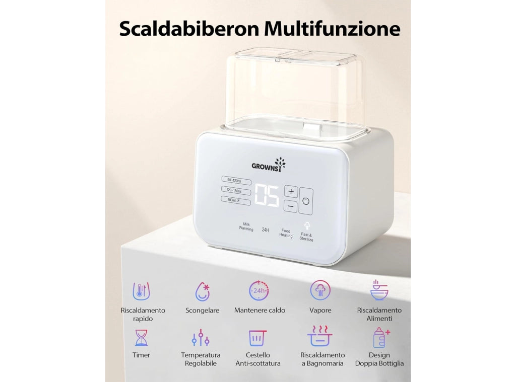 Scaldabiberon Doppio 9 in 1 con Sterilizzatore Controllo Preciso della Temperatura con Display LCD Mantiene in Caldo per 24 Ore Scongelamento e Scaldapappa Senza BPA Grownsy