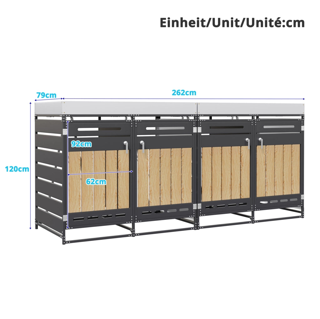 Armadio porta bidoni rifiuti a 4 scomparti con fioriera integrata; 262x79x120 cm; nero