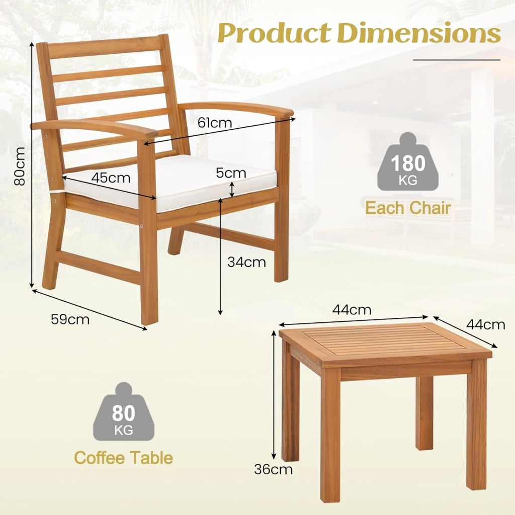Set di 3 mobili da giardino in legno di acacia, per balconi, terrazze, mobili da giardino, set da 2 persone, set da 2 sedie con tavolo in legno, set da giardino con cuscino incluso