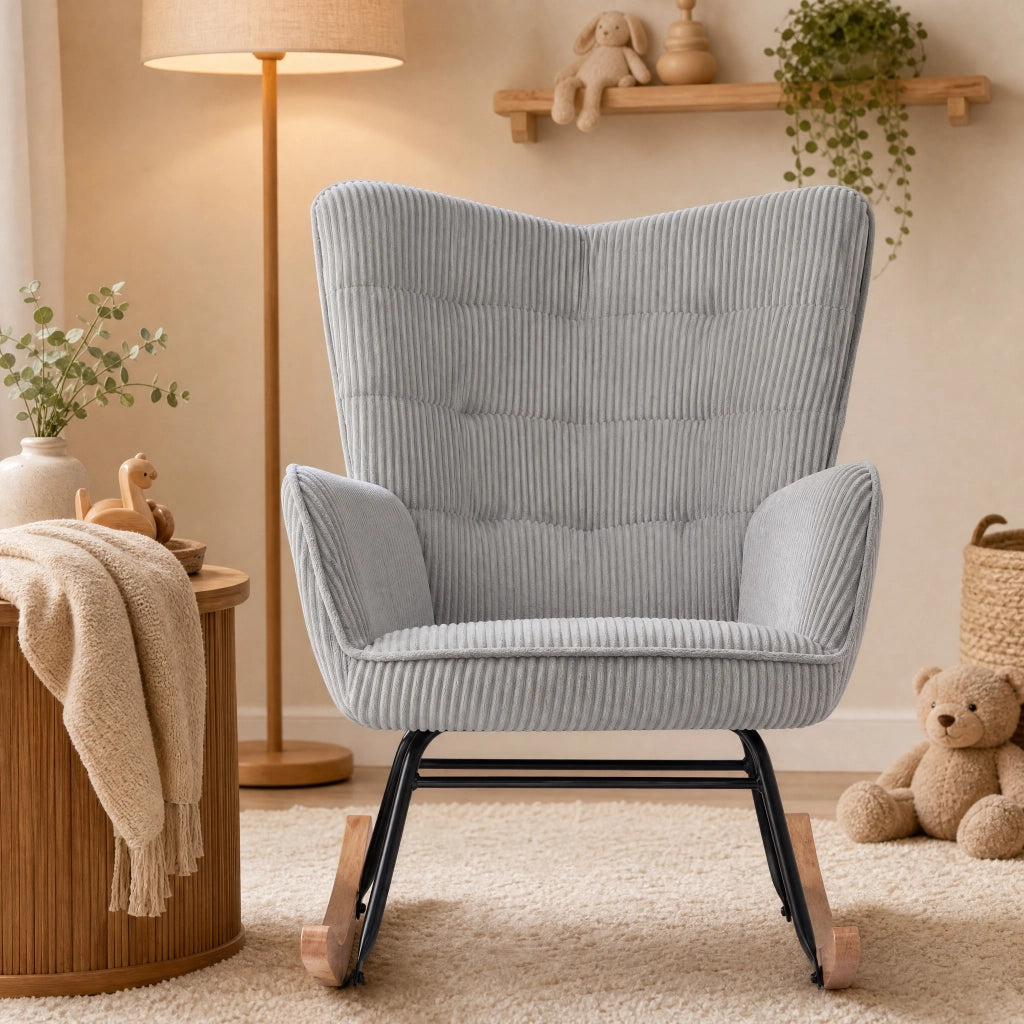 Poltrona a dondolo 98x71x101 cm con schienale alto e braccioli in poliestere grigio chiaro