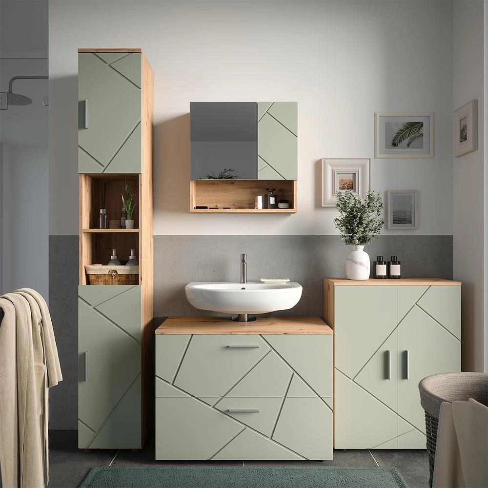 Set di mobili da bagno Irma, Verde salvia, 80 cm, composto da mobile lavabo, pensile a specchio, colonna e base media