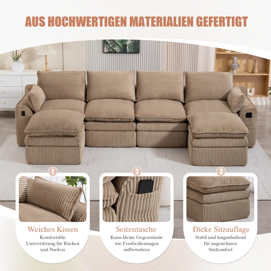 Divano modulare a 4 posti in velluto a coste con 2 pouf, cuscini, tasche laterali e schiuma a 3 strati, khaki