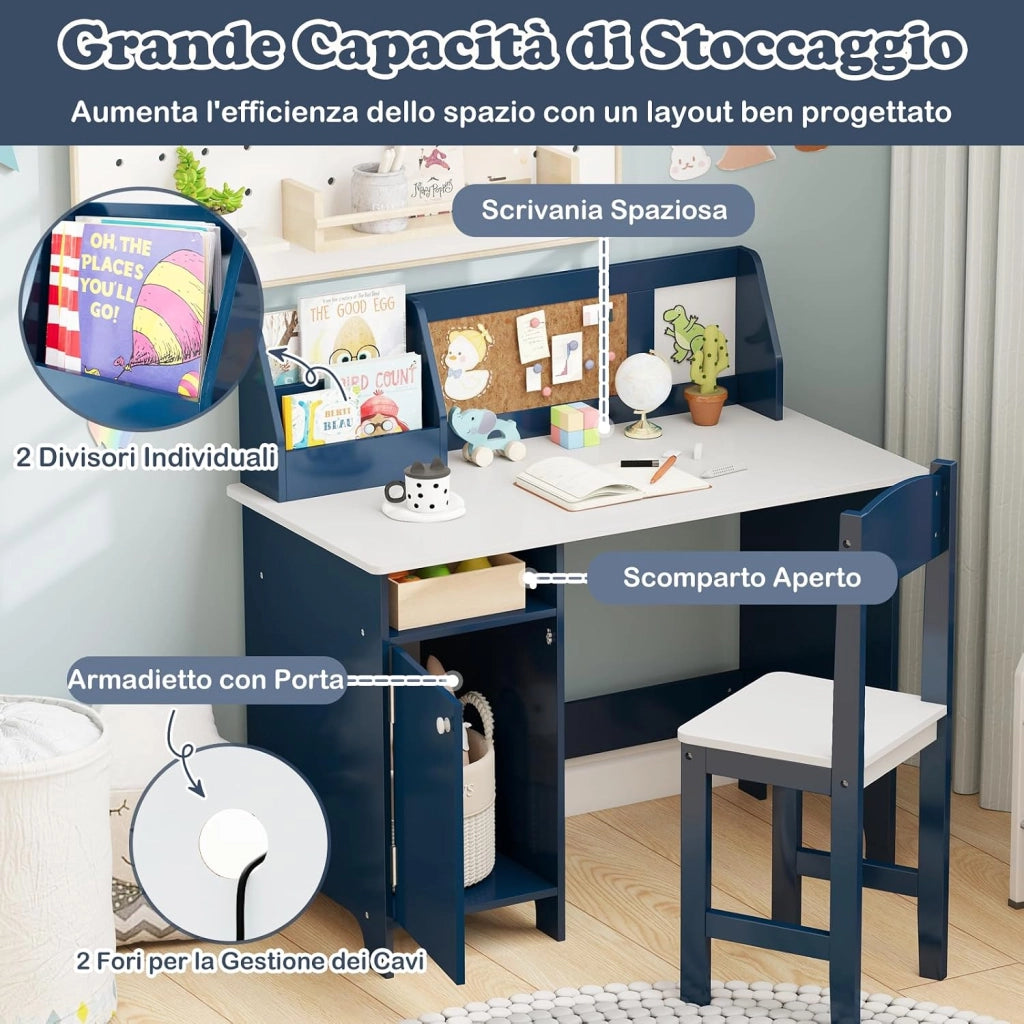 Set Scrivania e Sedia per Bambini 3+ Anni per Studio e Lettura, Blu | Banco Scuola con Sedia Ergonomica, Lavagna Bianca, Pennarello, Armadietto e Bacheca, Postazione Computer per Cameretta