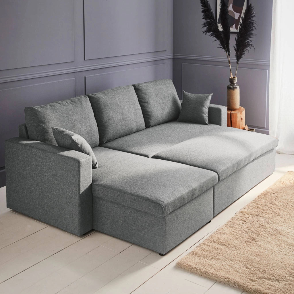 Divano letto angolare reversibile con contenitore, 3 posti, grigio